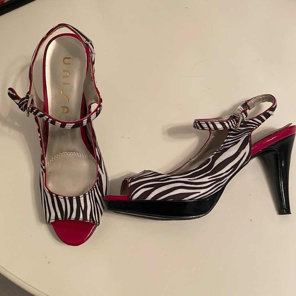 WORN ONCE- Cool zebra print heels with red patent leather border and toe.